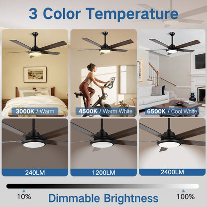 Ventilateurs de plafond modernes de 52 pouces avec éclairage et télécommande, LED à intensité variable