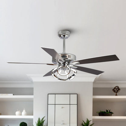 Ventilateur de plafond LED intérieur moderne à 52 pouces, chromé/noir, avec éclairage et télécommande, et fonction de gradation.