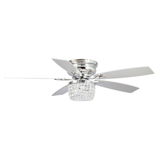 Ventilateur de plafond à 52 pales, finition chrome, avec kit d'éclairage et télécommande.