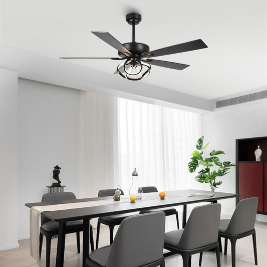 Ventilateur de plafond intérieur moderne de 52 pouces, couleur chrome/noir, avec éclairage, télécommande et 5 pales réversibles.