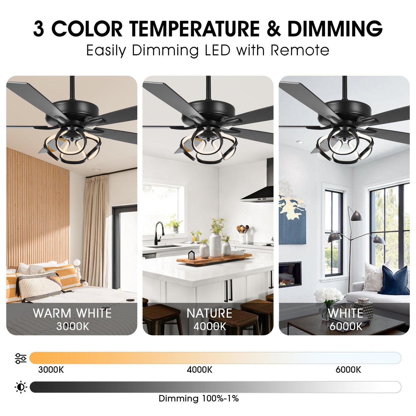 Ventilateur de plafond LED intérieur moderne à 52 pouces, chromé/noir, avec éclairage et télécommande, et fonction de gradation.