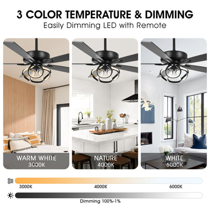 Ventilateur de plafond LED intérieur moderne à 52 pouces, chromé/noir, avec éclairage et télécommande, et fonction de gradation.