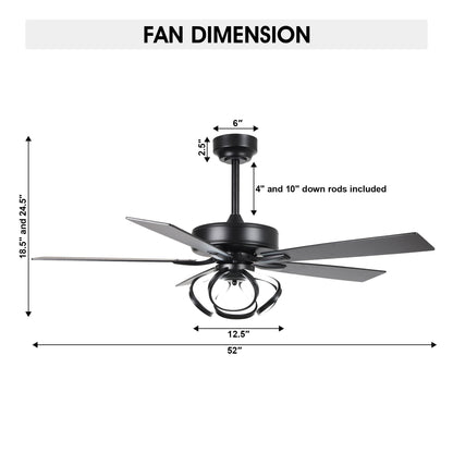 Ventilateur de plafond LED intérieur moderne à 52 pouces, chromé/noir, avec éclairage et télécommande, et fonction de gradation.