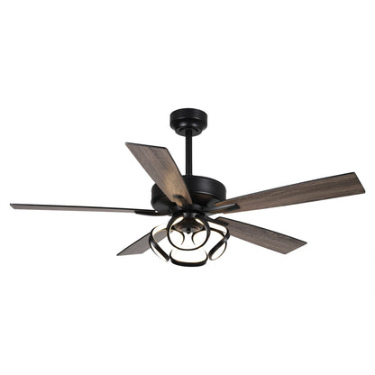 Ventilateur de plafond LED intérieur moderne à 52 pouces, chromé/noir, avec éclairage et télécommande, et fonction de gradation.