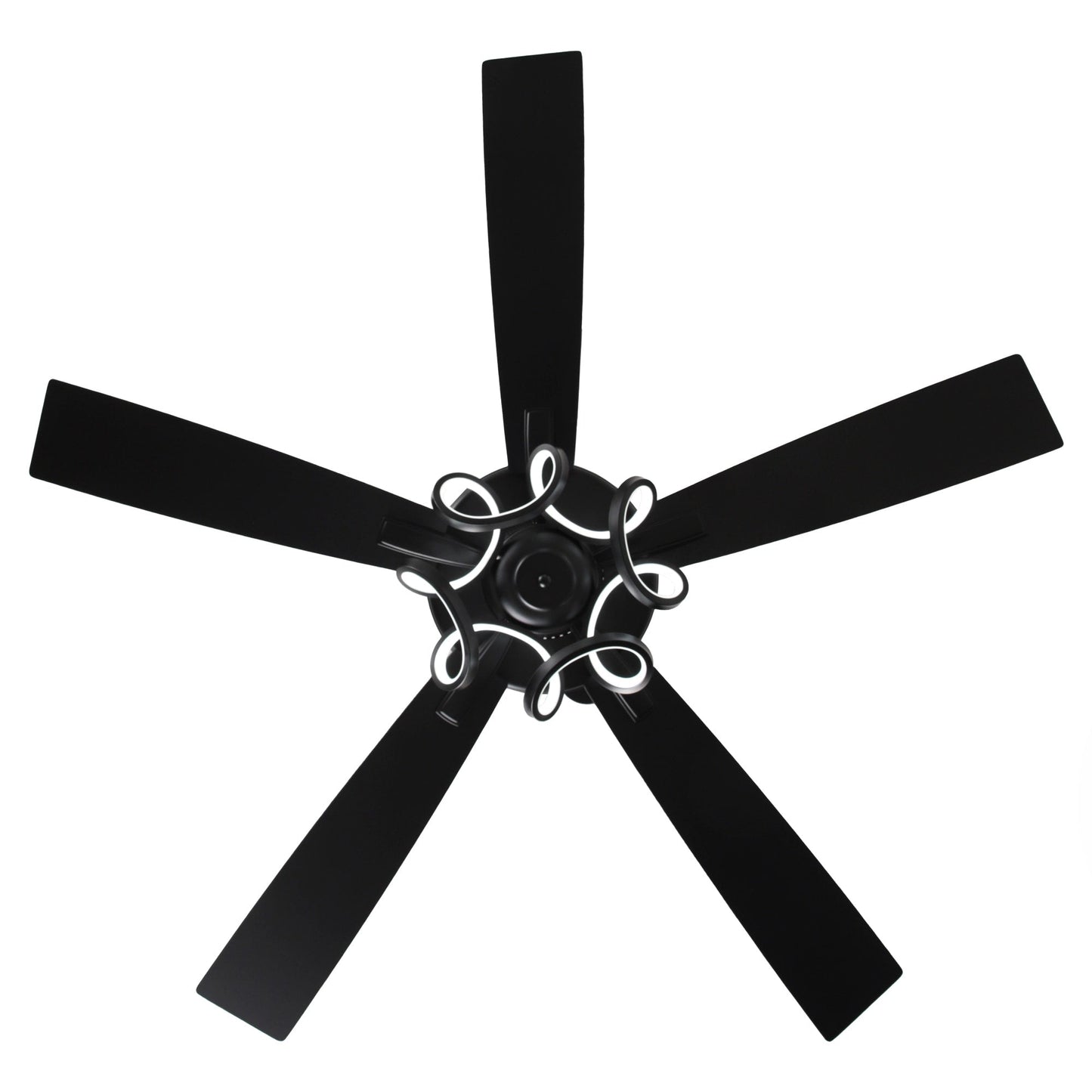 Ventilateur de plafond LED intérieur moderne à 52 pouces, chromé/noir, avec éclairage et télécommande, et fonction de gradation.