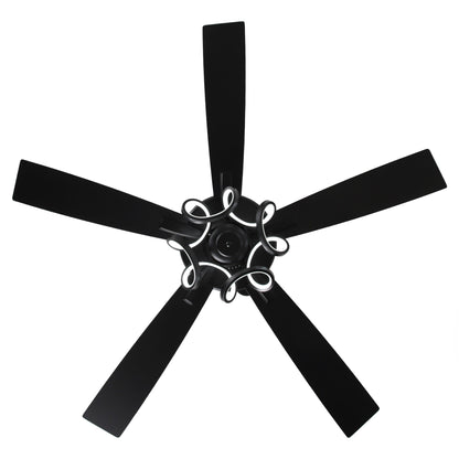 Ventilateur de plafond LED intérieur moderne à 52 pouces, chromé/noir, avec éclairage et télécommande, et fonction de gradation.