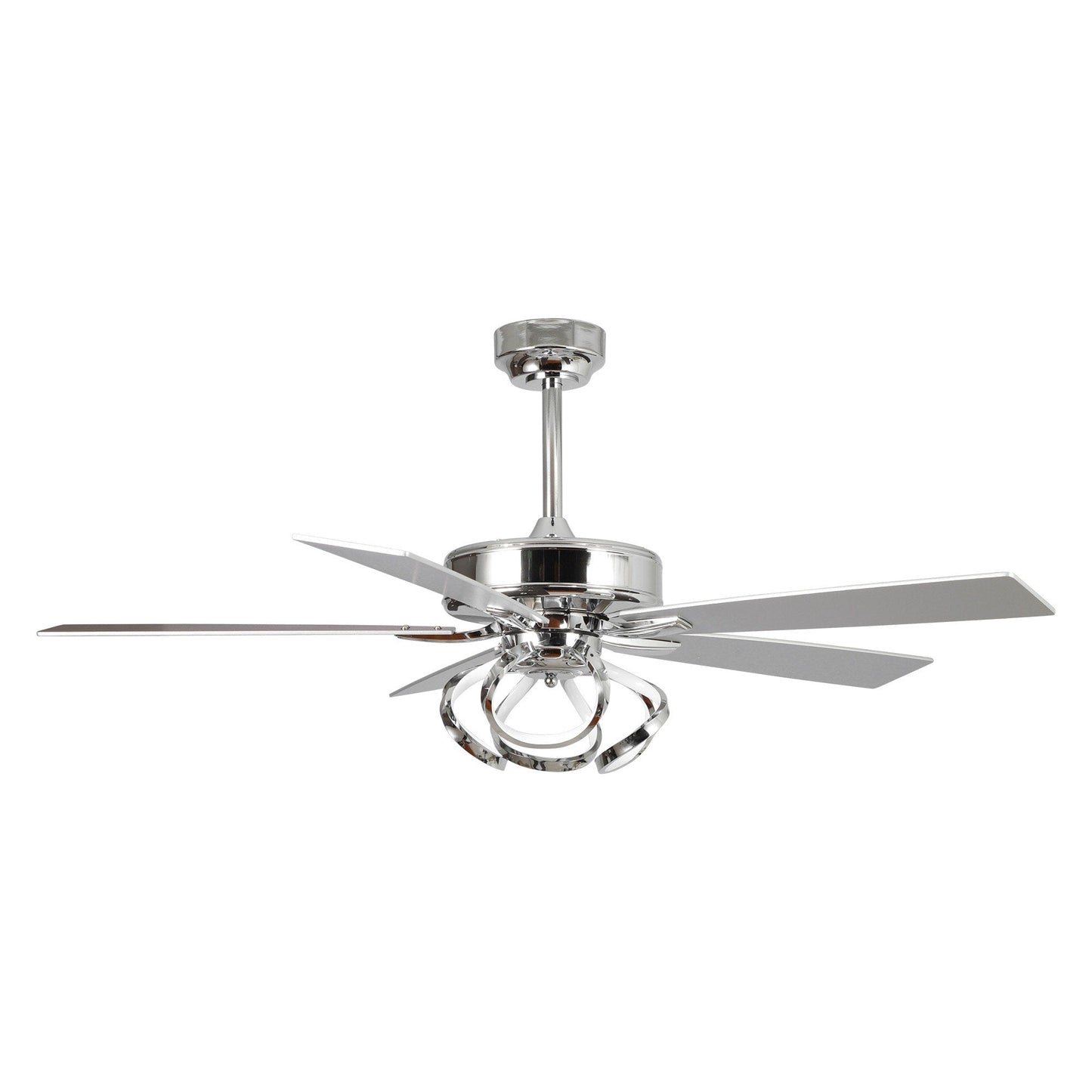 Ventilateur de plafond LED intérieur moderne à 52 pouces, chromé/noir, avec éclairage et télécommande, et fonction de gradation.