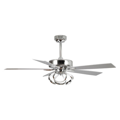 Ventilateur de plafond LED intérieur moderne à 52 pouces, chromé/noir, avec éclairage et télécommande, et fonction de gradation.