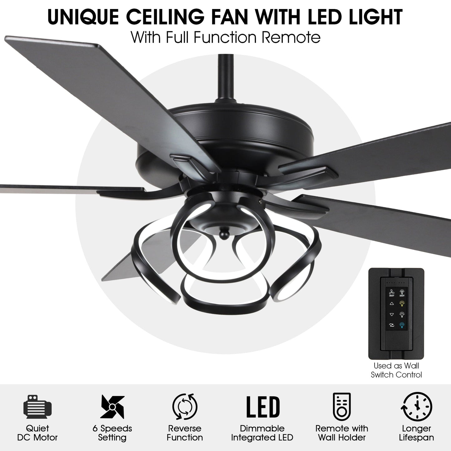 Ventilateur de plafond LED intérieur moderne à 52 pouces, chromé/noir, avec éclairage et télécommande, et fonction de gradation.