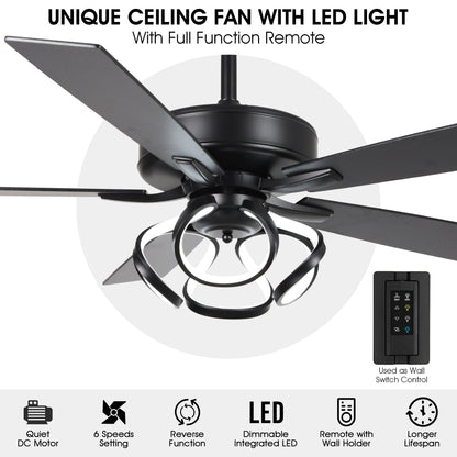 Ventilateur de plafond LED intérieur moderne à 52 pouces, chromé/noir, avec éclairage et télécommande, et fonction de gradation.