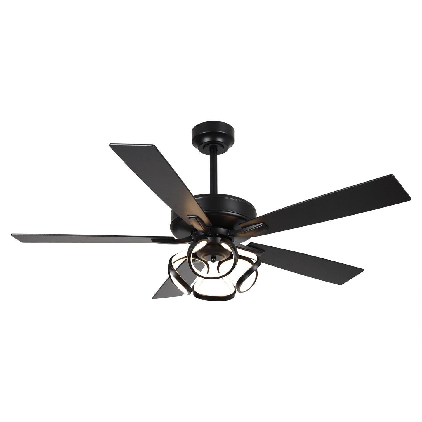 Ventilateur de plafond LED intérieur moderne à 52 pouces, chromé/noir, avec éclairage et télécommande, et fonction de gradation.