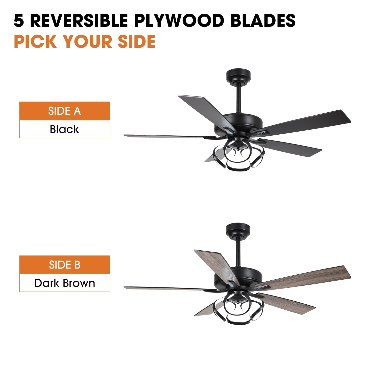 Ventilateur de plafond LED intérieur moderne à 52 pouces, chromé/noir, avec éclairage et télécommande, et fonction de gradation.