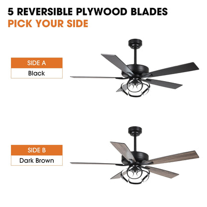 Ventilateur de plafond LED intérieur moderne à 52 pouces, chromé/noir, avec éclairage et télécommande, et fonction de gradation.
