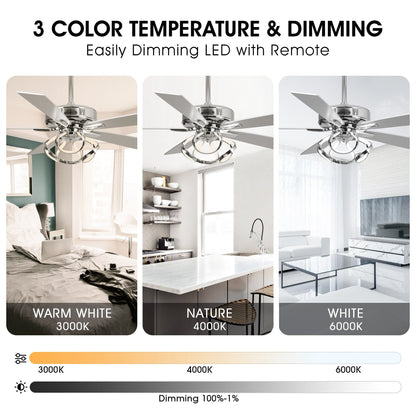 Ventilateur de plafond LED intérieur moderne à 52 pouces, chromé/noir, avec éclairage et télécommande, et fonction de gradation.
