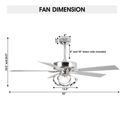 Ventilateur de plafond LED intérieur moderne à 52 pouces, chromé/noir, avec éclairage et télécommande, et fonction de gradation.