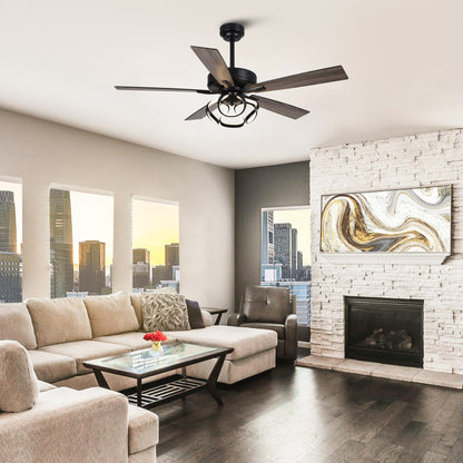 Ventilateur de plafond LED intérieur moderne à 52 pouces, chromé/noir, avec éclairage et télécommande, et fonction de gradation.