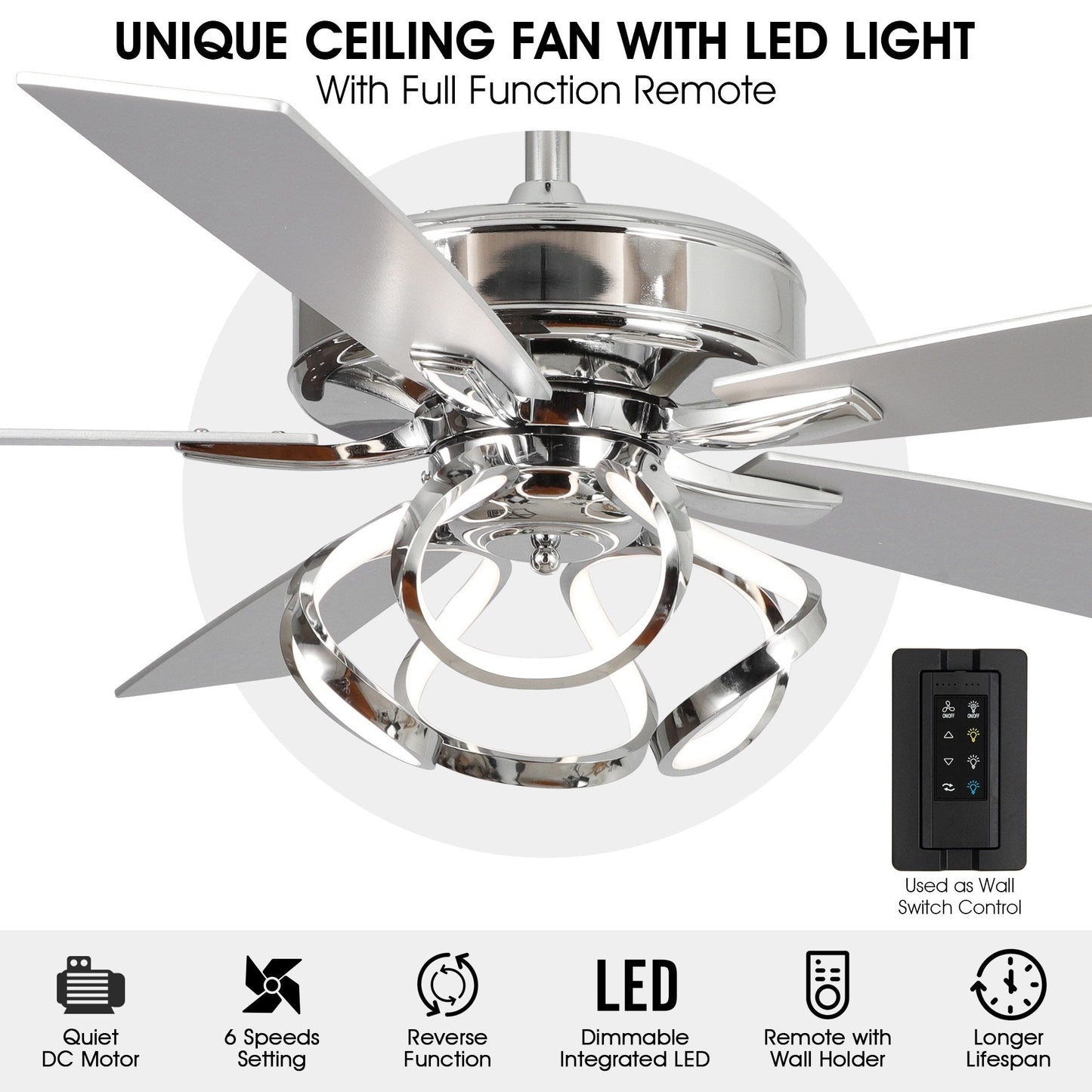 Ventilateur de plafond LED intérieur moderne à 52 pouces, chromé/noir, avec éclairage et télécommande, et fonction de gradation.