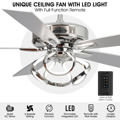 Ventilateur de plafond LED intérieur moderne à 52 pouces, chromé/noir, avec éclairage et télécommande, et fonction de gradation.