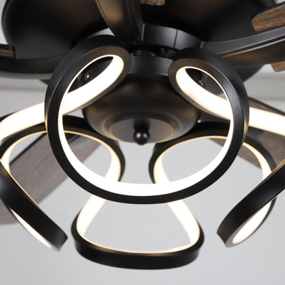 Ventilateur de plafond LED intérieur moderne à 52 pouces, chromé/noir, avec éclairage et télécommande, et fonction de gradation.