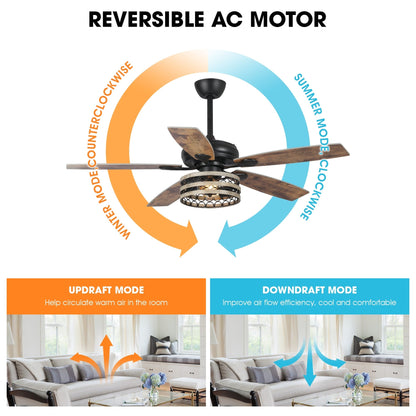 Ventilateur de plafond à 5 pales en bois flotté de style farmhouse, avec cage noire et télécommande.