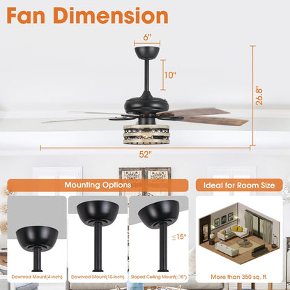 Ventilateur de plafond à 5 pales en bois flotté de style farmhouse, avec cage noire et télécommande.