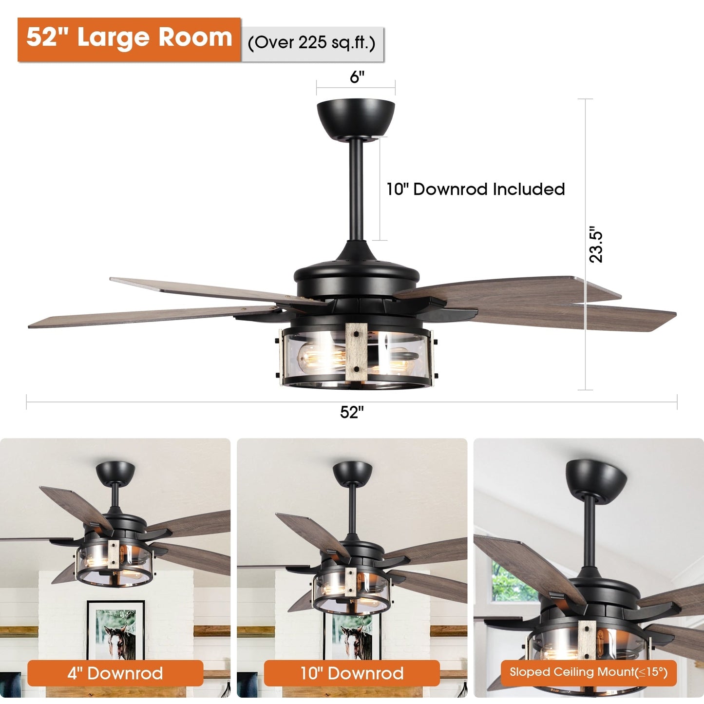 Ventilateur de plafond intérieur à 5 pales en bois noir rustique de 52 pouces avec télécommande