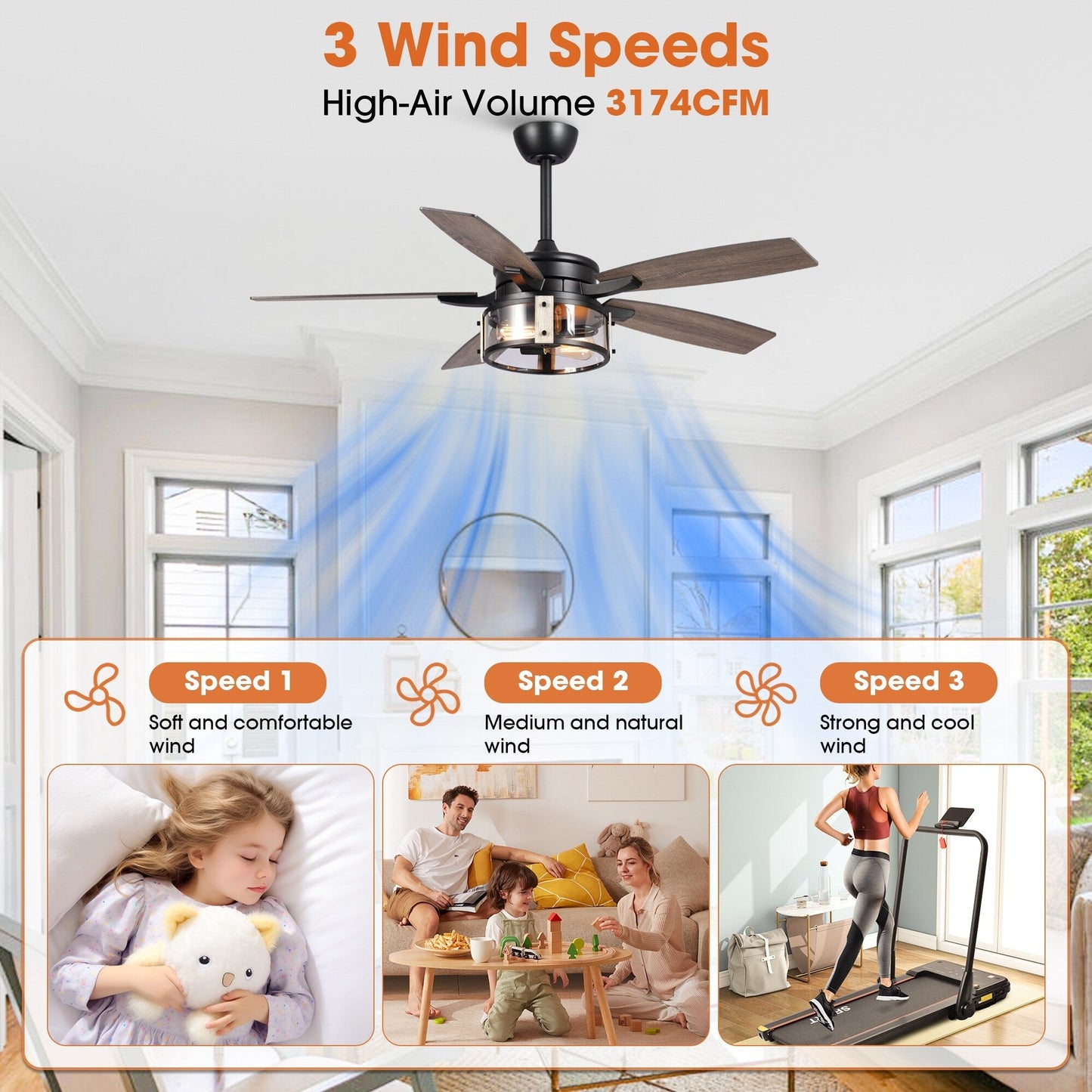 Ventilateur de plafond intérieur à 5 pales en bois noir rustique de 52 pouces avec télécommande