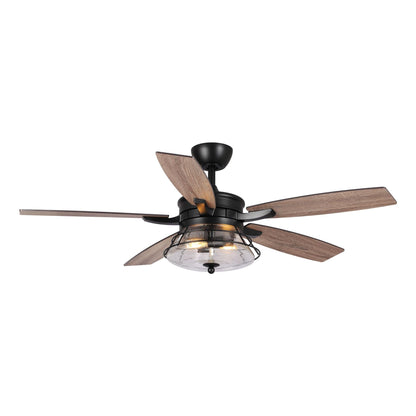 Ventilateur de plafond décoratif noir à 52 pales en verre dépoli, avec télécommande et kit d'éclairage.