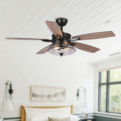 Ventilateur de plafond décoratif noir à 52 pales en verre dépoli, avec télécommande et kit d'éclairage.