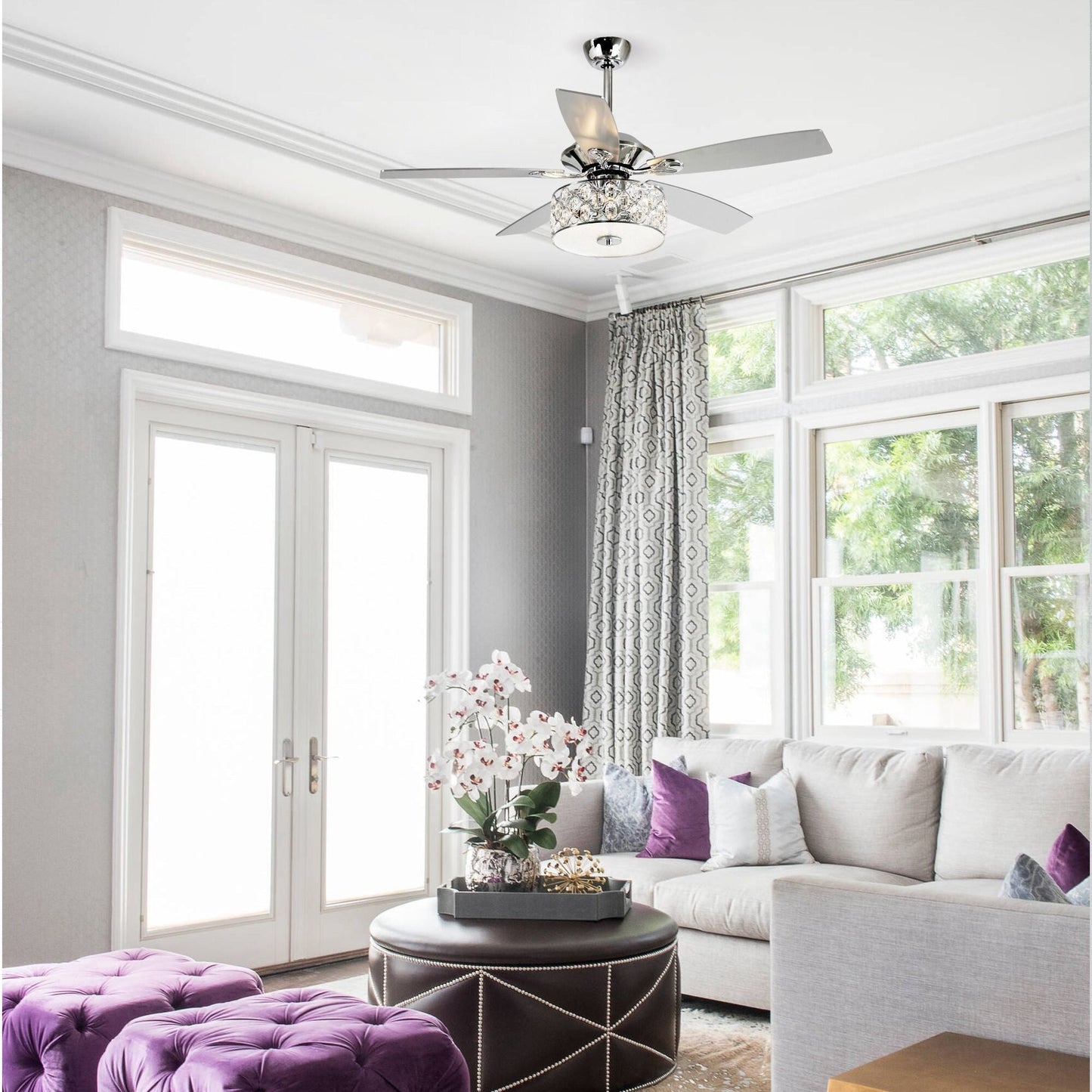 52 pouces Lustre moderne à 4 lumières avec ventilateur de plafond à cristaux et télécommande