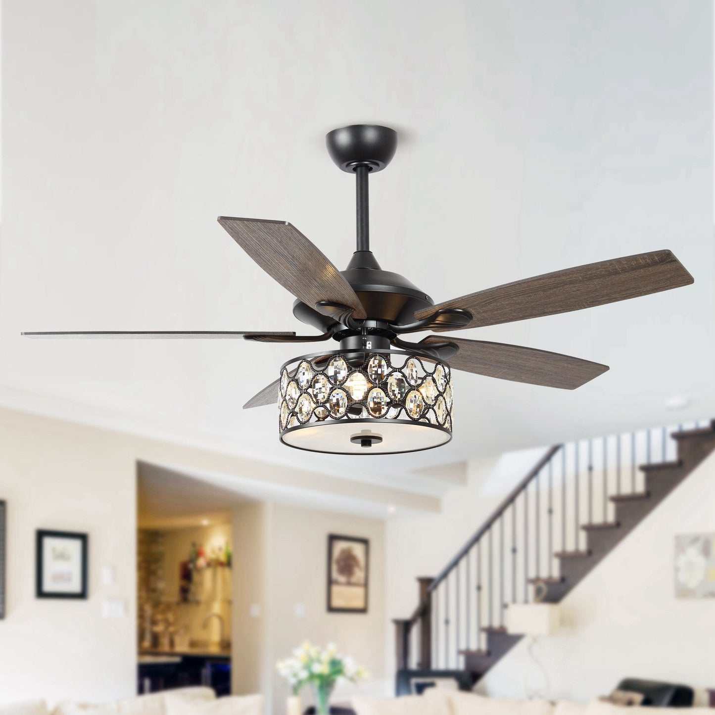 52 pouces Lustre moderne à 4 lumières avec ventilateur de plafond à cristaux et télécommande
