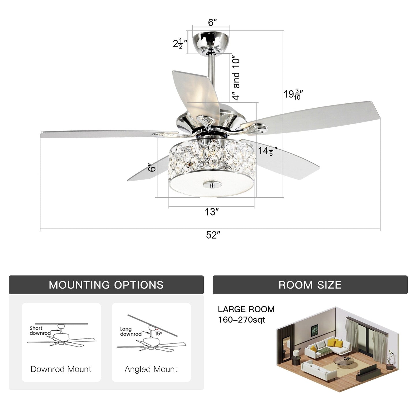 52 pouces Lustre moderne à 4 lumières avec ventilateur de plafond à cristaux et télécommande