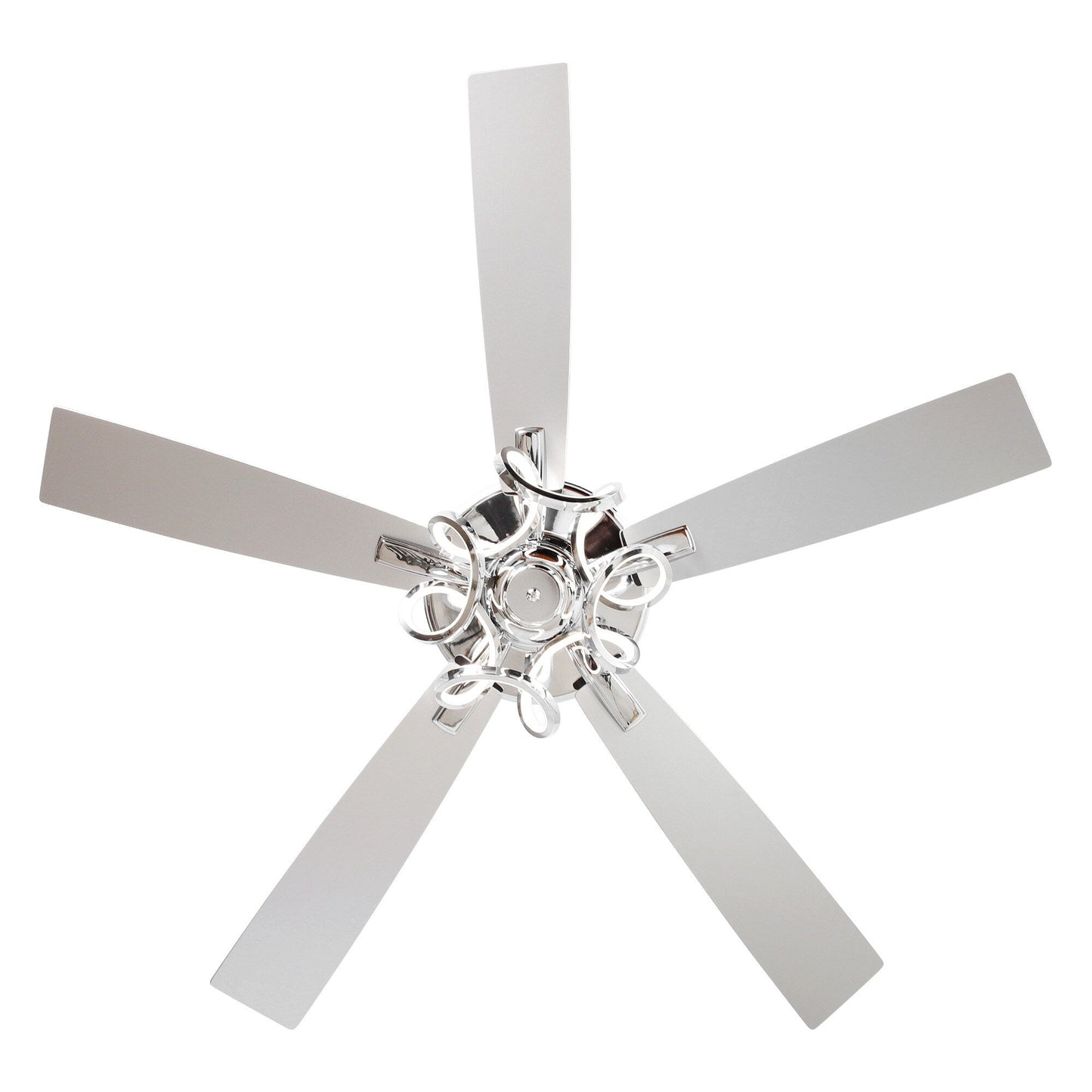Ventilateur de plafond LED intérieur moderne à 52 pouces, chromé/noir, avec éclairage et télécommande, et fonction de gradation.