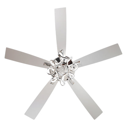 Ventilateur de plafond LED intérieur moderne à 52 pouces, chromé/noir, avec éclairage et télécommande, et fonction de gradation.