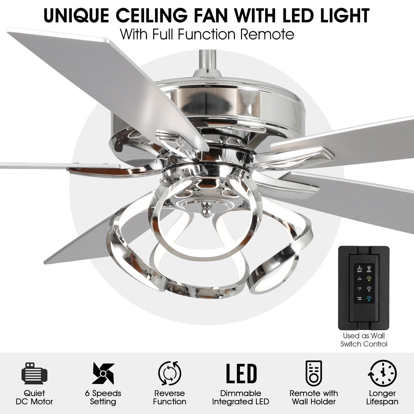 Ventilateur de plafond LED intérieur moderne à 52 pouces, chromé/noir, avec éclairage et télécommande, et fonction de gradation.