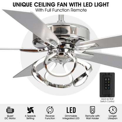Ventilateur de plafond LED intérieur moderne à 52 pouces, chromé/noir, avec éclairage et télécommande, et fonction de gradation.