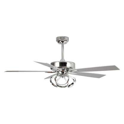 Ventilateur de plafond LED intérieur moderne à 52 pouces, chromé/noir, avec éclairage et télécommande, et fonction de gradation.