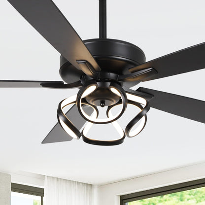 Ventilateur de plafond LED intérieur moderne à 52 pouces, chromé/noir, avec éclairage et télécommande, et fonction de gradation.