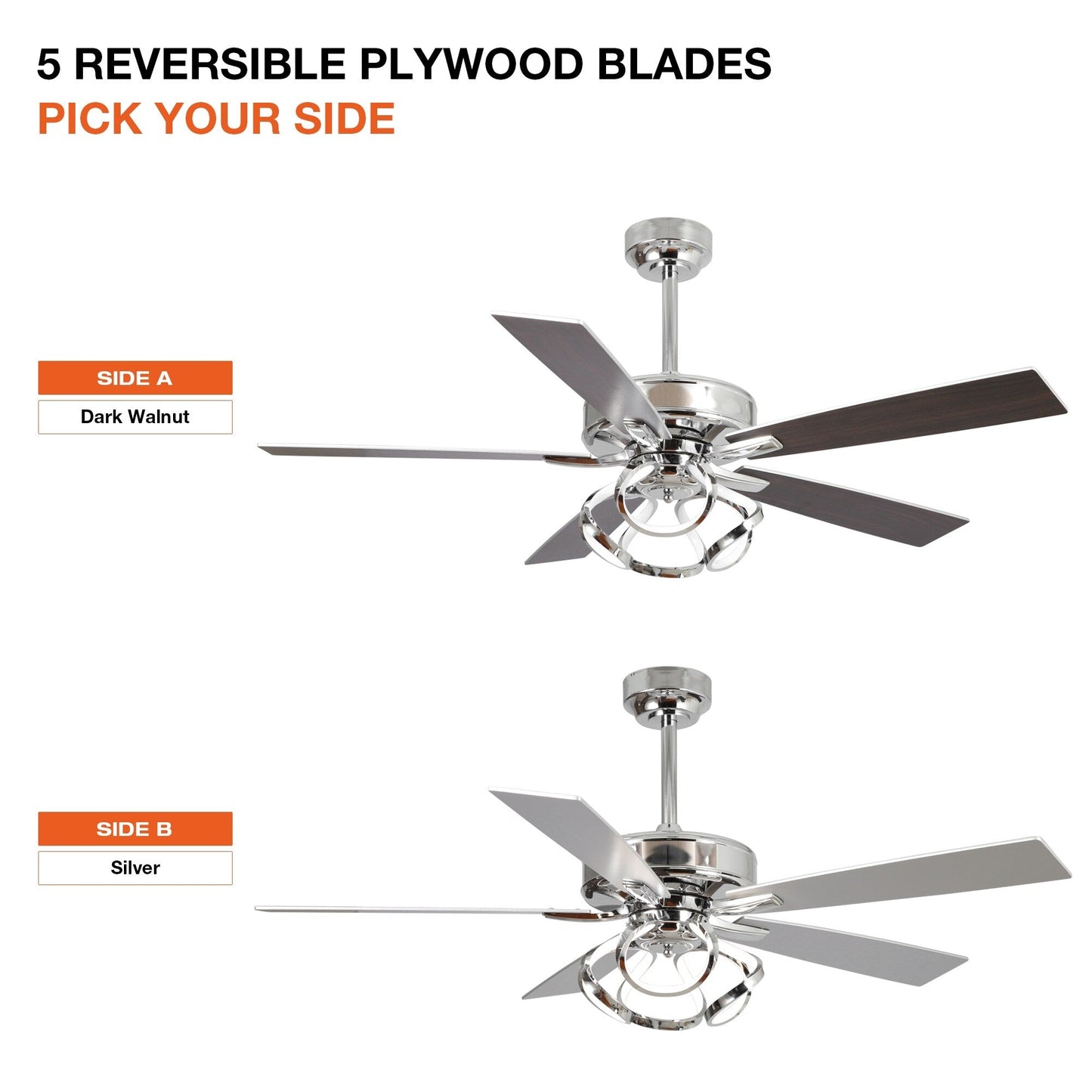 Ventilateur de plafond LED intérieur moderne à 52 pouces, chromé/noir, avec éclairage et télécommande, et fonction de gradation.