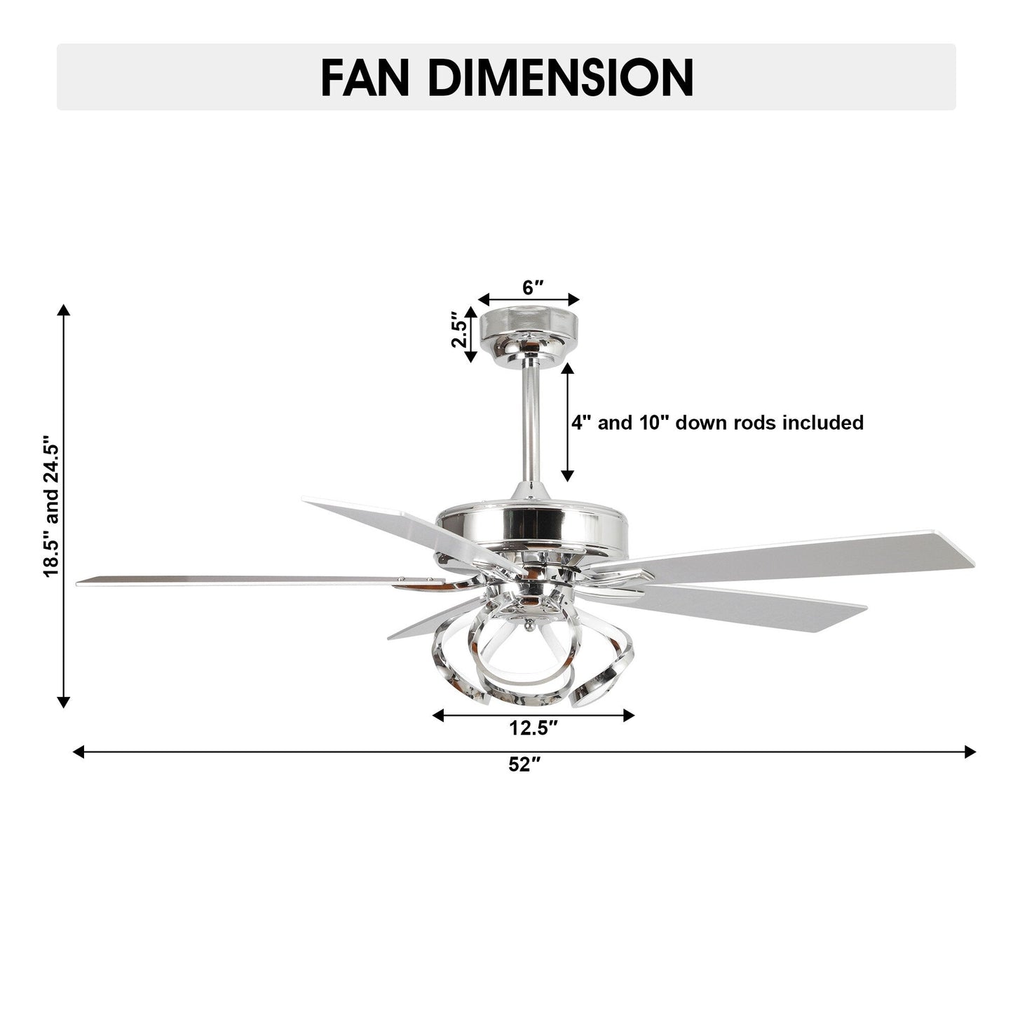 Ventilateur de plafond LED intérieur moderne à 52 pouces, chromé/noir, avec éclairage et télécommande, et fonction de gradation.