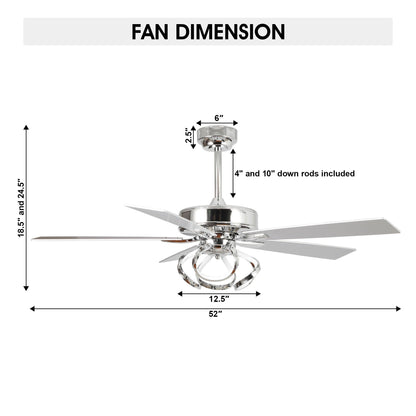 Ventilateur de plafond LED intérieur moderne à 52 pouces, chromé/noir, avec éclairage et télécommande, et fonction de gradation.
