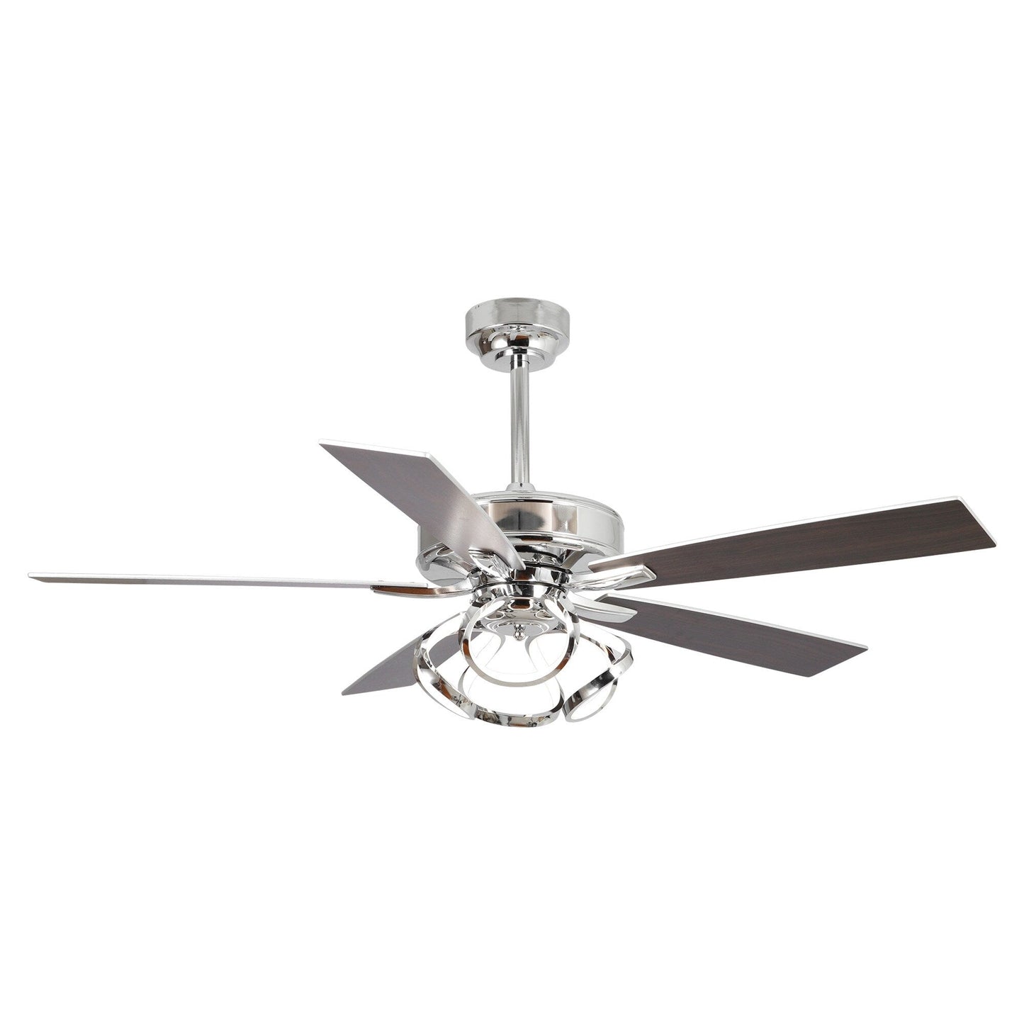 Ventilateur de plafond LED intérieur moderne à 52 pouces, chromé/noir, avec éclairage et télécommande, et fonction de gradation.