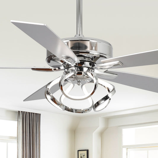 Ventilateur de plafond LED intérieur moderne à 52 pouces, chromé/noir, avec éclairage et télécommande, et fonction de gradation.