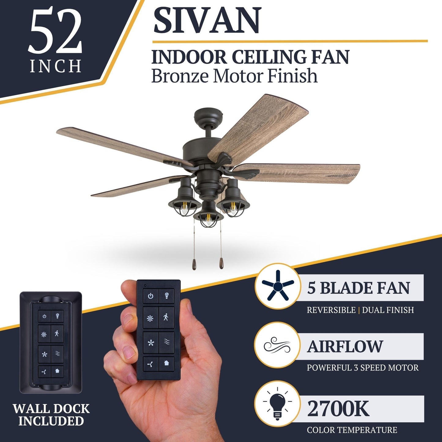 Ventilateur de plafond LED à 52 pouces Prominence Home Sivan Bronze, style farmhouse, avec éclairage, télécommande