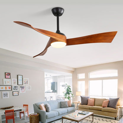 Ventilateur de plafond à 52 pouces avec 3 pales en bois, éclairage LED à intensité variable et télécommande, moteur DC réversible à 6 vitesses.