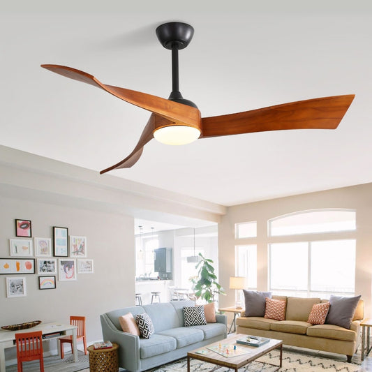 Ventilateur de plafond à 52 pouces avec 3 pales en bois, éclairage LED à intensité variable et télécommande, moteur DC réversible à 6 vitesses.