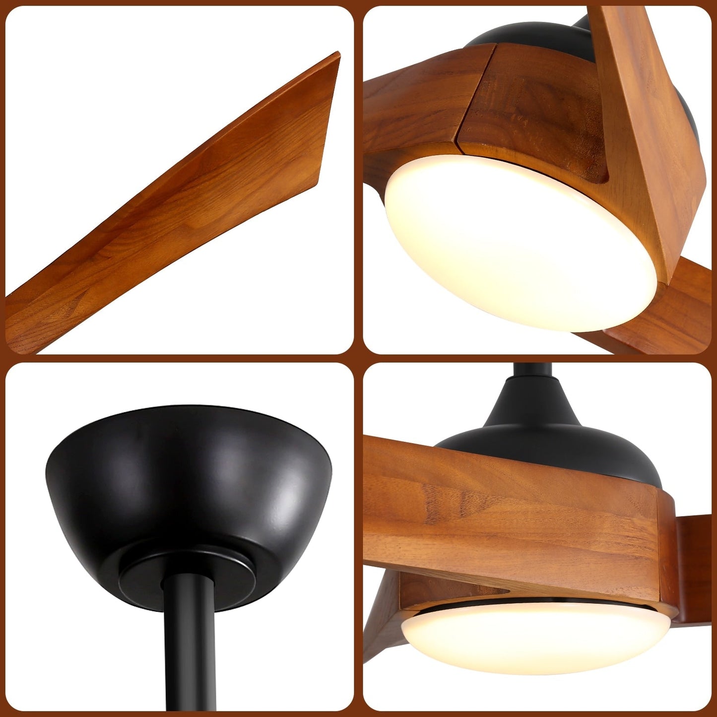 Ventilateur de plafond à 52 pouces avec 3 pales en bois, éclairage LED à intensité variable et télécommande, moteur DC réversible à 6 vitesses.