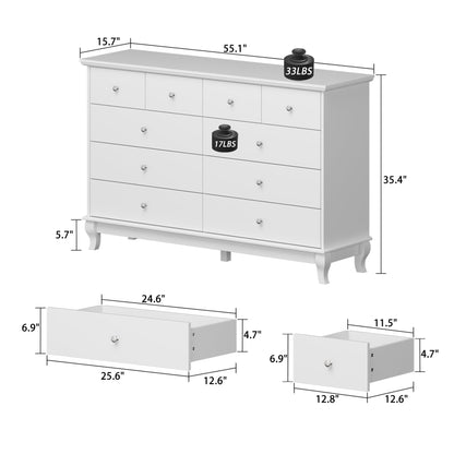 Commode de chambre à coucher double de 135 cm de large avec tiroirs de rangement
