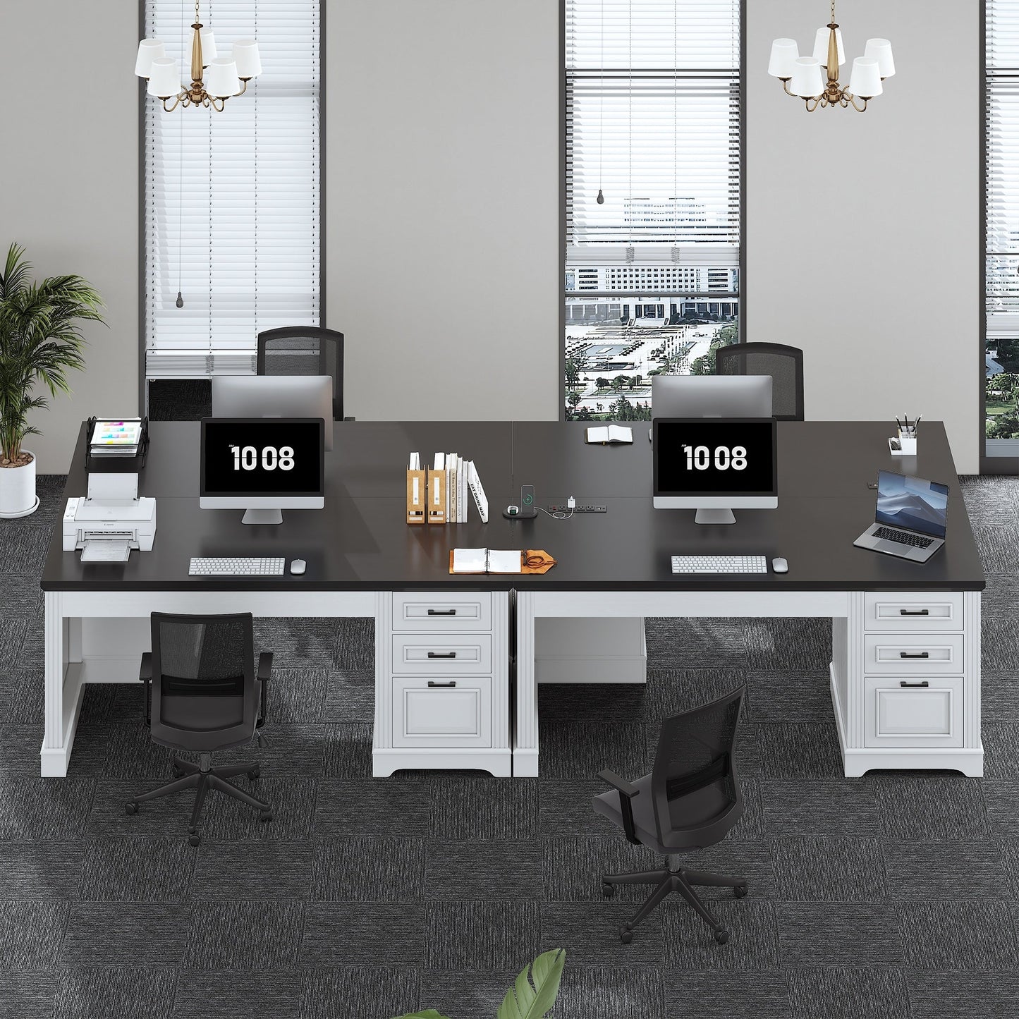 Bureau de direction style farmhouse, bureau de travail à domicile, bureau avec tiroir à dossiers, support de moniteur, prise de courant.