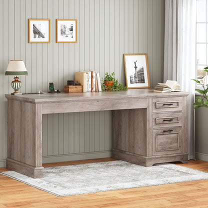 Bureau de direction style farmhouse, bureau de travail à domicile, bureau avec tiroir à dossiers, support de moniteur, prise de courant.